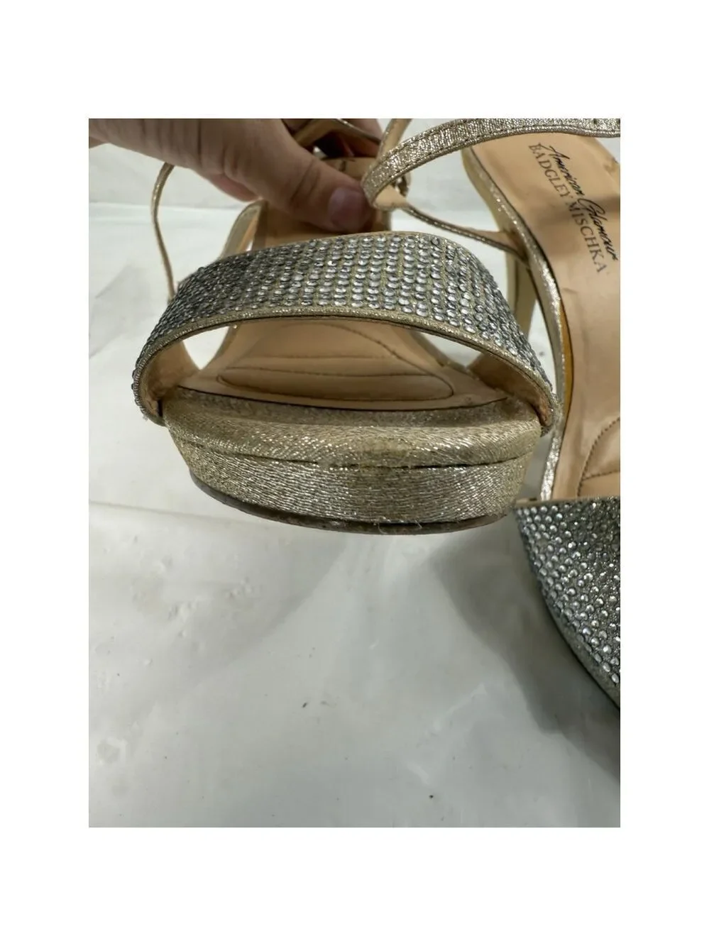American Glamour Badgley Mischka Silver Sparkle Sandal Strappy Heels Formal 7.5